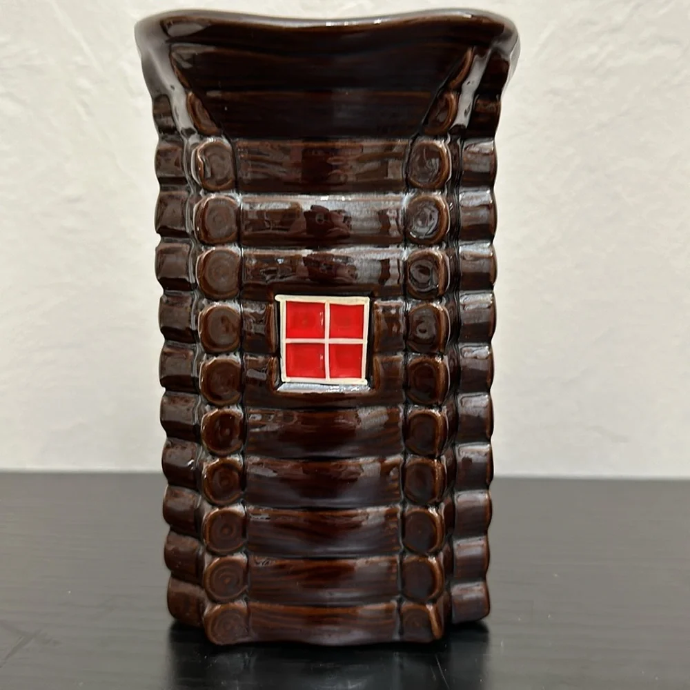 Brown Luster Ceramic Log Cabin Vintage Pitcher